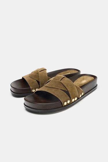 LEATHER SLIDER SANDALS - Khaki Green de Zara - Image 4