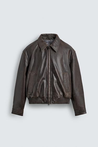 WASHED LEATHER BOMBER JACKET - Brown by Zara