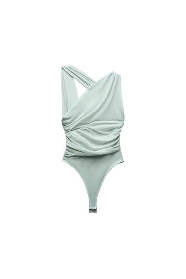 DRAPED ASYMMETRICAL TULLE BODYSUIT