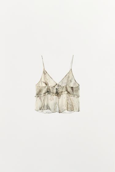 TOP IMPRIMÉ STYLE LINGERIE À VOLANTS - Blanc cassé de Zara - Image 5