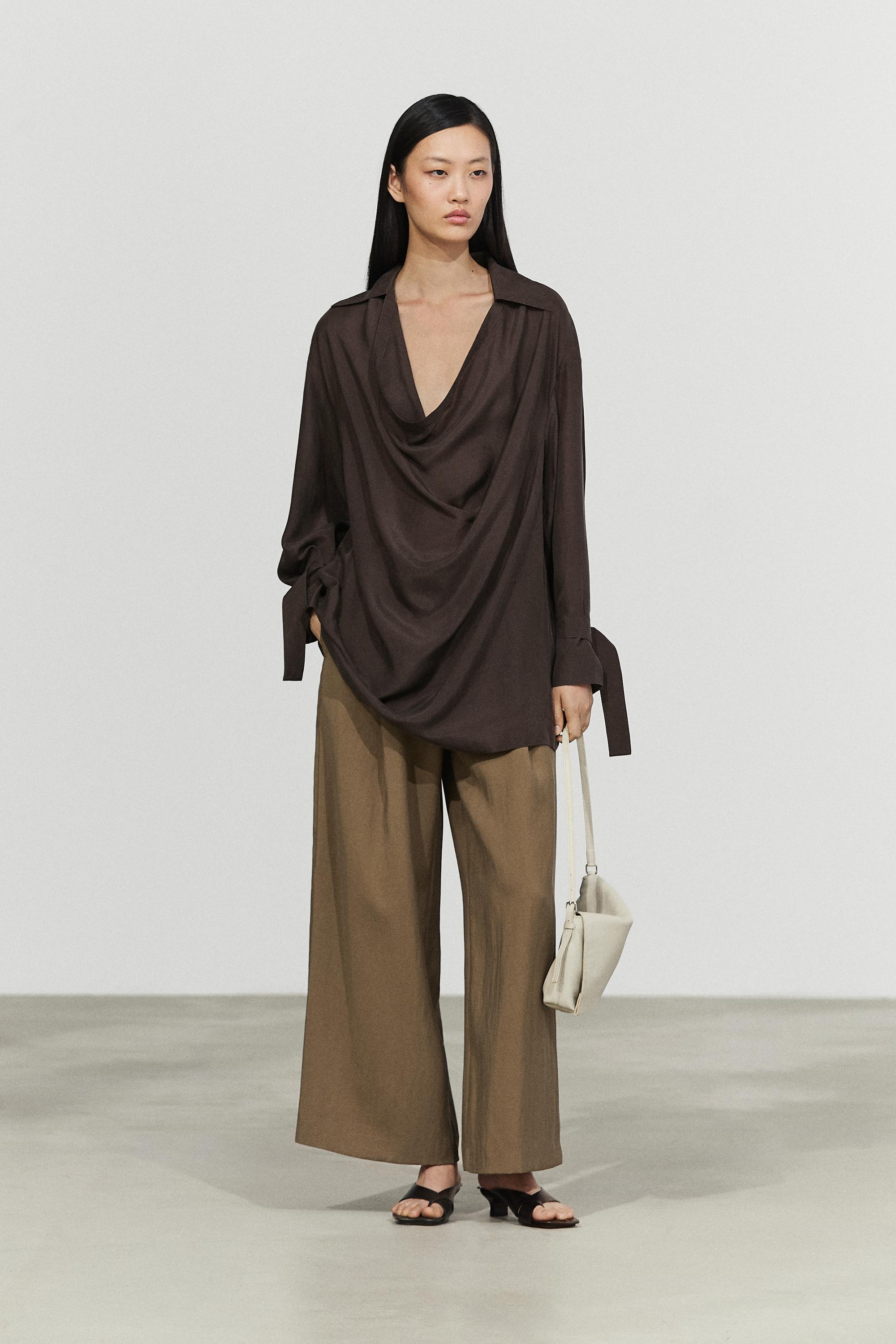 todayful Silky Halfsleeve Shirts ダークブラウン 100% Silk Draped Neckline Flowy Shirt - Brown | ZARA United States
