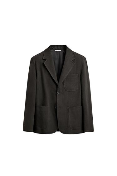 Front view of a brown blazer with notched lapels, button closure, and front patch pockets.