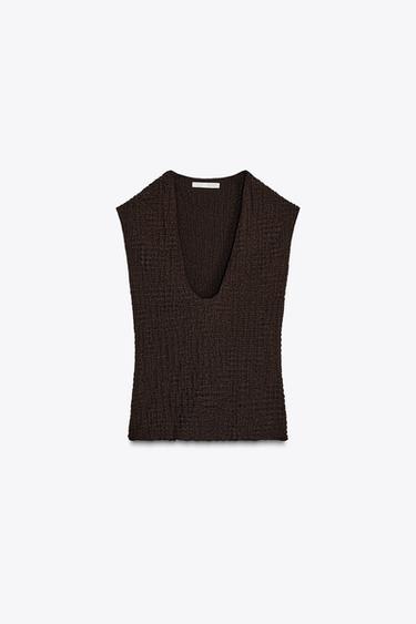 TEXTURED V-NECK TOP - Chocolate by Zara