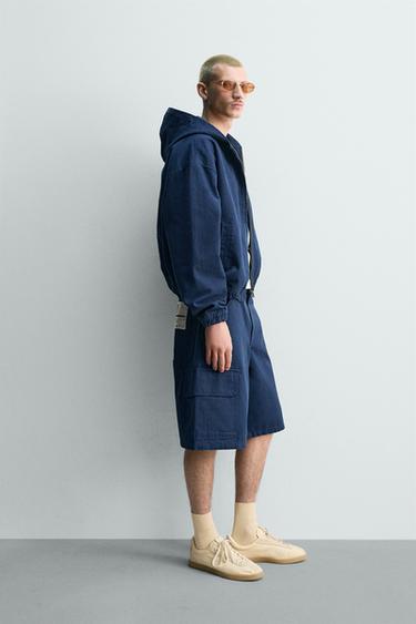 Zara BAGGY FIT CARGO SHORTS WITH PATCH - Blue