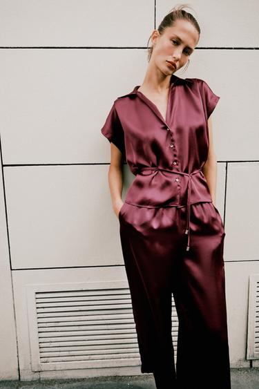 Zara BELTED SATIN EFFECT SHIRT - Burgundy
