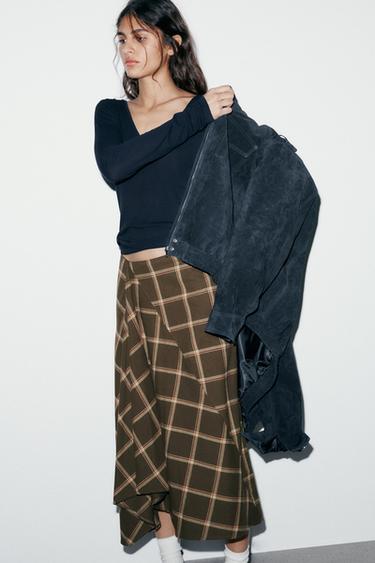 Zara PLAID RUFFLED MIDI SKIRT - Khaki