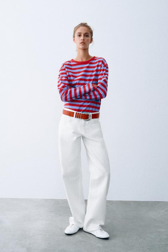Zara WIDE STRIPED T-SHIRT - Red Stripe - Image 0