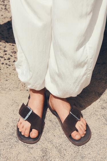 Zara Flat slider sandals with buckle - Brown