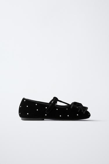 VELVET T-BAR BALLET FLATS WITH BOW - Black by Zara