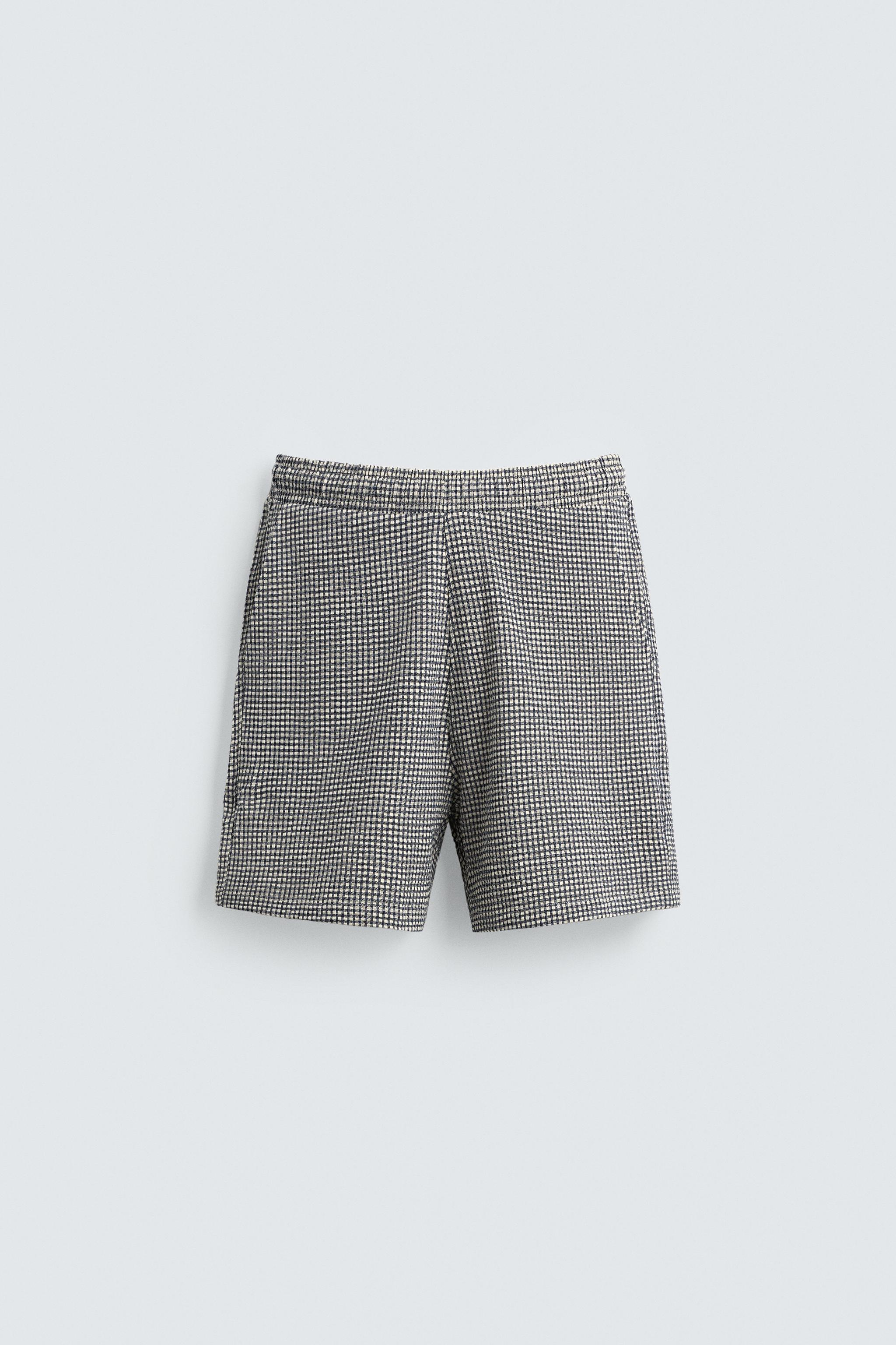 REGULAR FIT SEERSUCKER SHORTS — Ecru / Navy