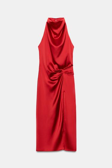 SATIN HALTER MIDI DRESS - Red by Zara
