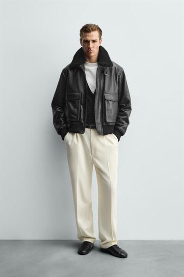 CAZADORA PIEL CUELLO COMBINADO - Negro de Zara - Imagen 0