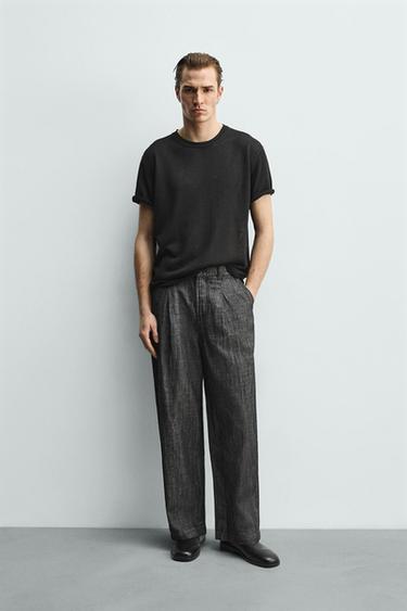 RELAXED FIT COTTON-LINEN TROUSERS - Black / White by Zara