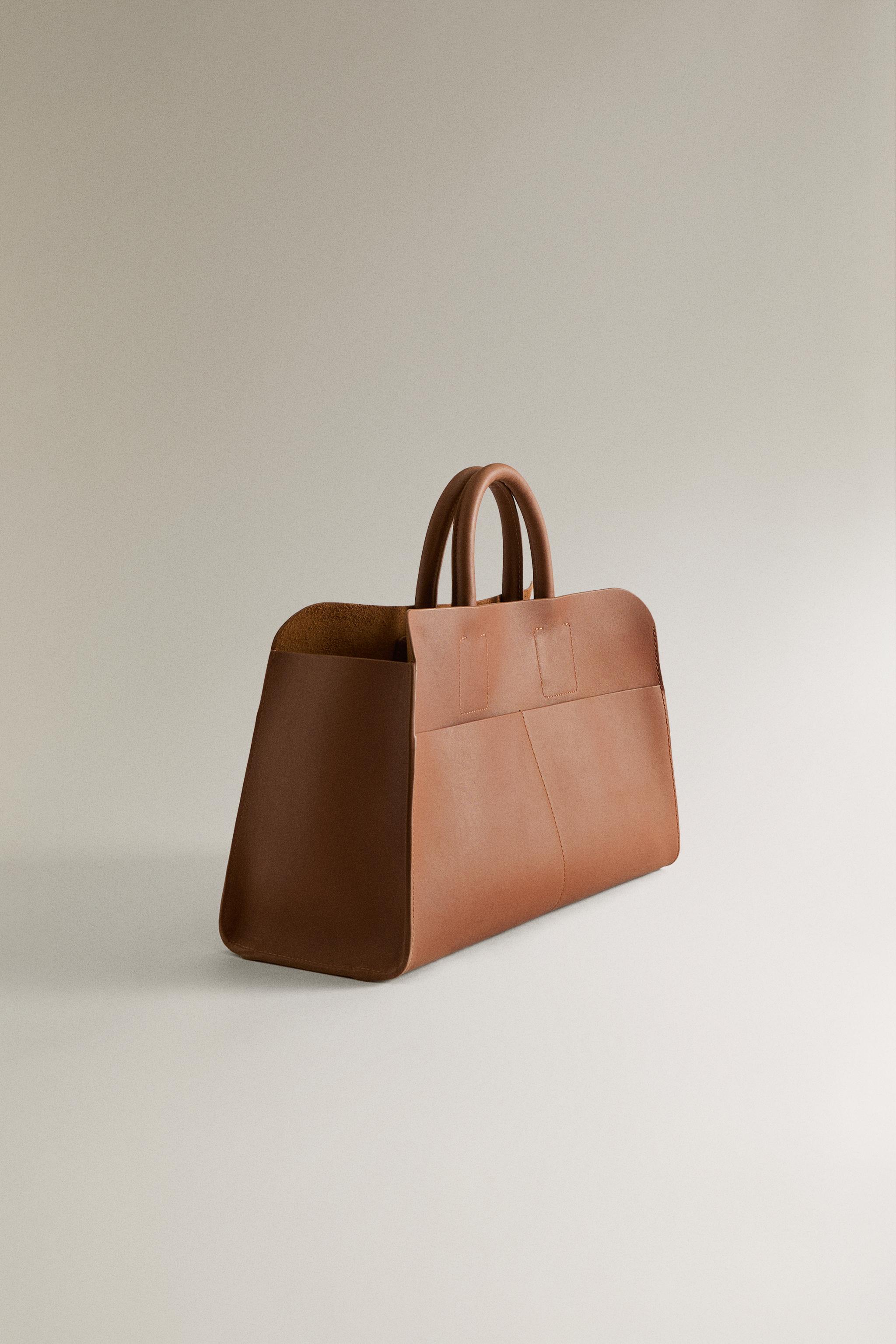 LEATHER MINI TOTE BAG — Brown