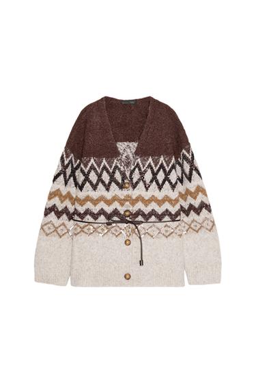 CHAQUETA PUNTO JACQUARD LENTEJUELAS CINTURÓN - Multicolor de Zara
