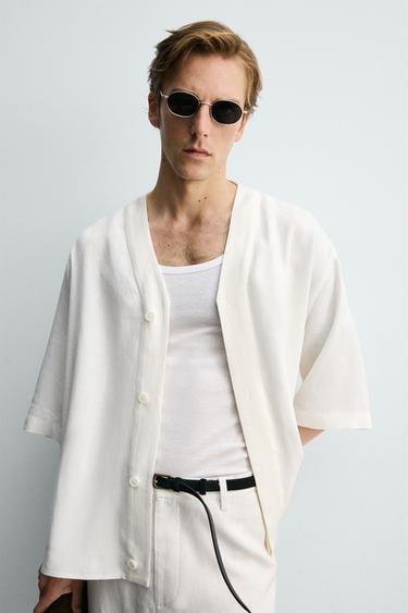 RELAXED FIT VISCOSE-HEMP SHIRT - Oyster-white by Zara - Image 4