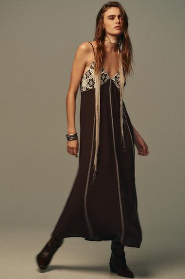 ROBE MIDI BRODÉE À BRETELLES - Chocolat de Zara - Image 0