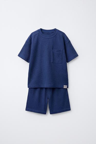 WAFFLE-KNIT T-SHIRT AND BERMUDA SHORTS SET WITH LABEL - Bluish by Zara