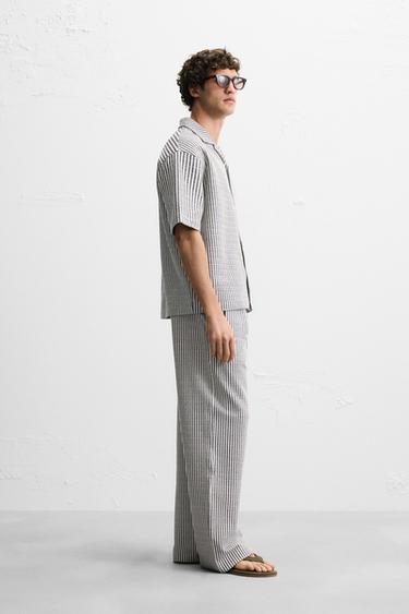 RELAXED FIT SEERSUCKER TROUSERS - Ecru / Navy by Zara - Image 3