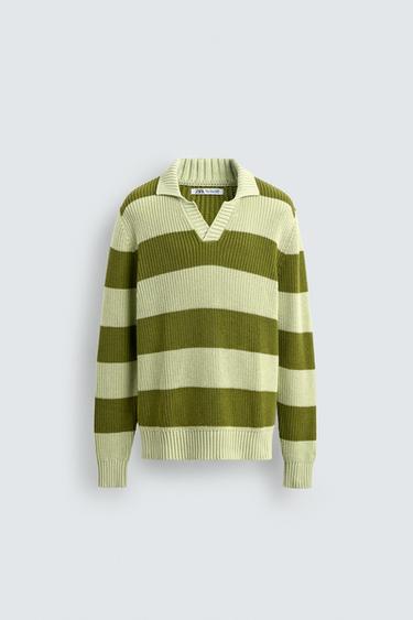 COMBINED STRIPED KNIT POLO SHIRT - Green stripe by Zara