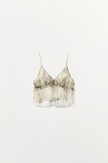 TOP IMPRIMÉ STYLE LINGERIE À VOLANTS - Blanc cassé de Zara - Image 4