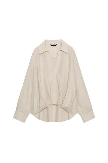 Zara LINEN-BLEND SHIRT WITH PUFFED HEM - Light beige
