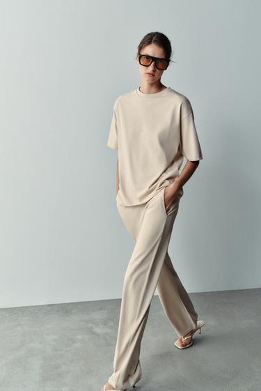 Zara STRAIGHT-LEG COTTON PANTS - Sand