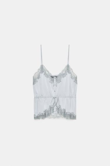 SATIN TOP WITH LACE TRIM - Pastel blue by Zara