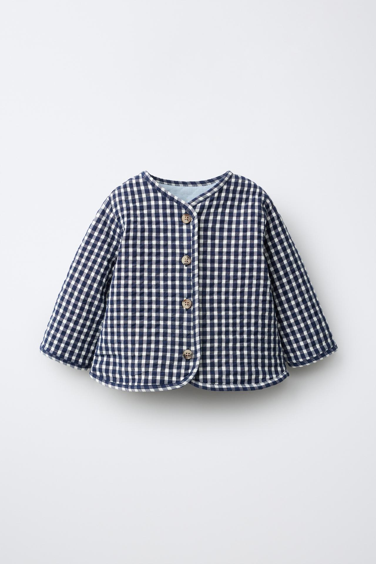 GINGHAM CHECK PUFFER JACKET — Navy blue