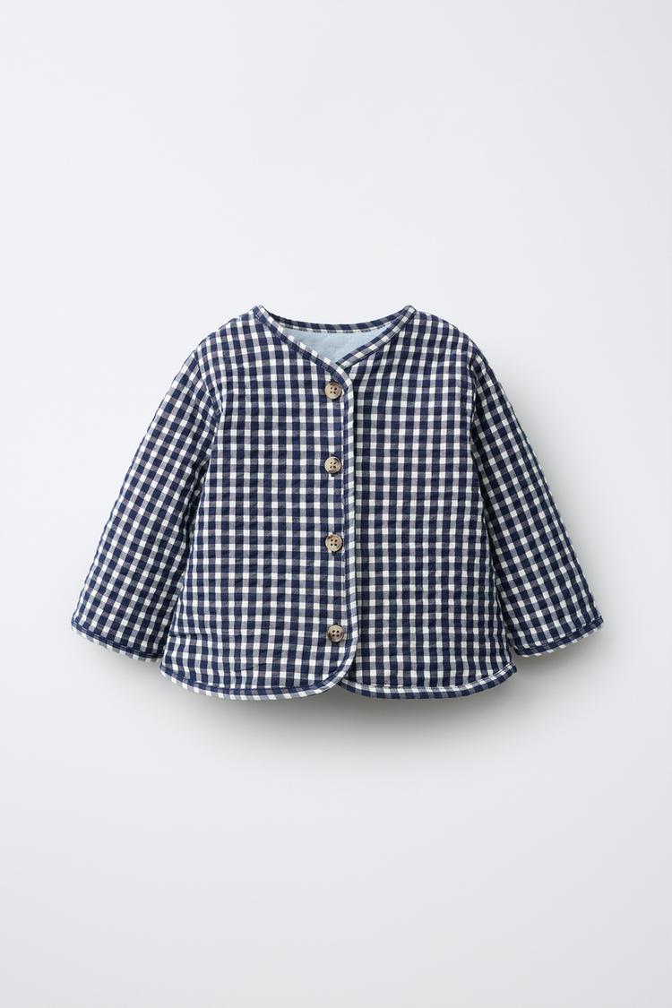 GINGHAM CHECK PUFFER JACKET — Navy blue
