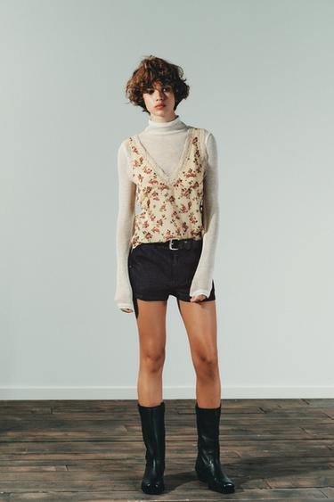 TOP FLORES ENCAJE - Beige / Tostado de Zara - Imagen 0