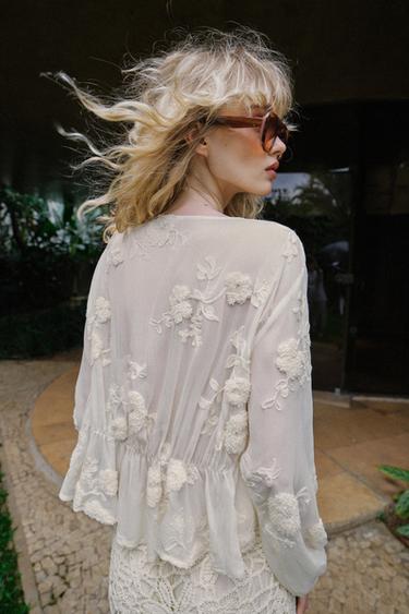 EMBROIDERED SEMI-SHEER BLOUSE - Light beige by Zara - Image 4