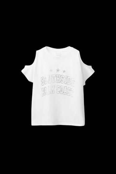 Zara GLITTER PRINT CUTOUT T-SHIRT - White