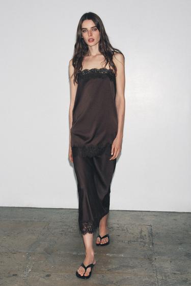 FALDA SATINADA ENCAJE ZW COLLECTION - Marrón oscuro de Zara