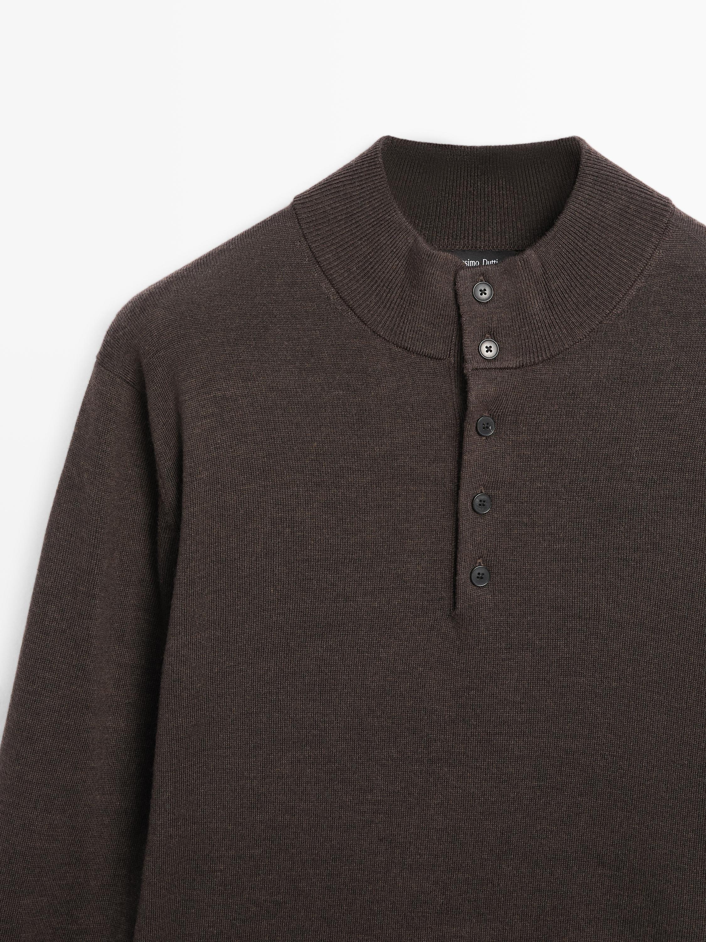 100% wool mock neck sweater with buttons