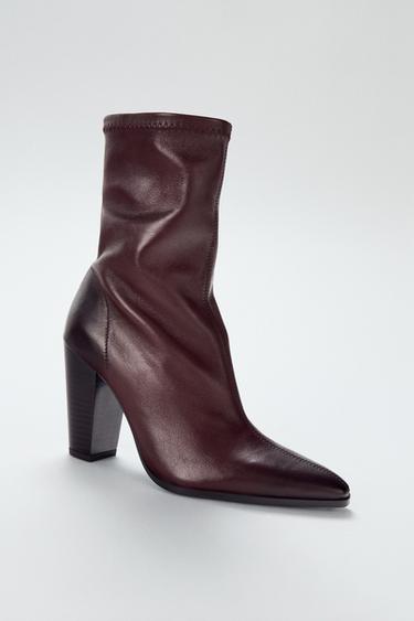 LEATHER -STYLE HEEL ANKLE BOOTS - Burgundy Red by Zara