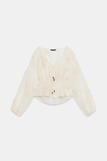 EMBROIDERED SEMI-SHEER BLOUSE - Light beige by Zara - Image 7