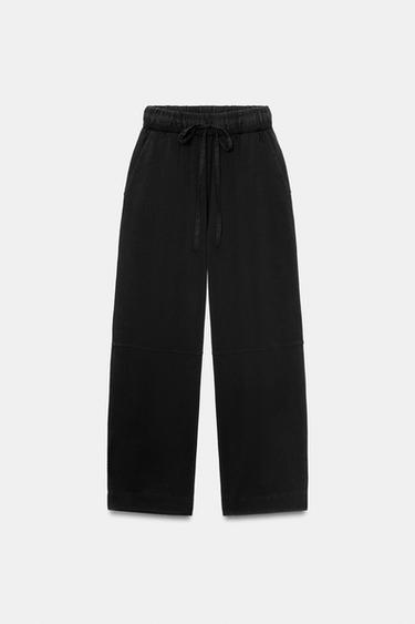 Zara HEAVY COTTON WIDE LEG PANTS - Black