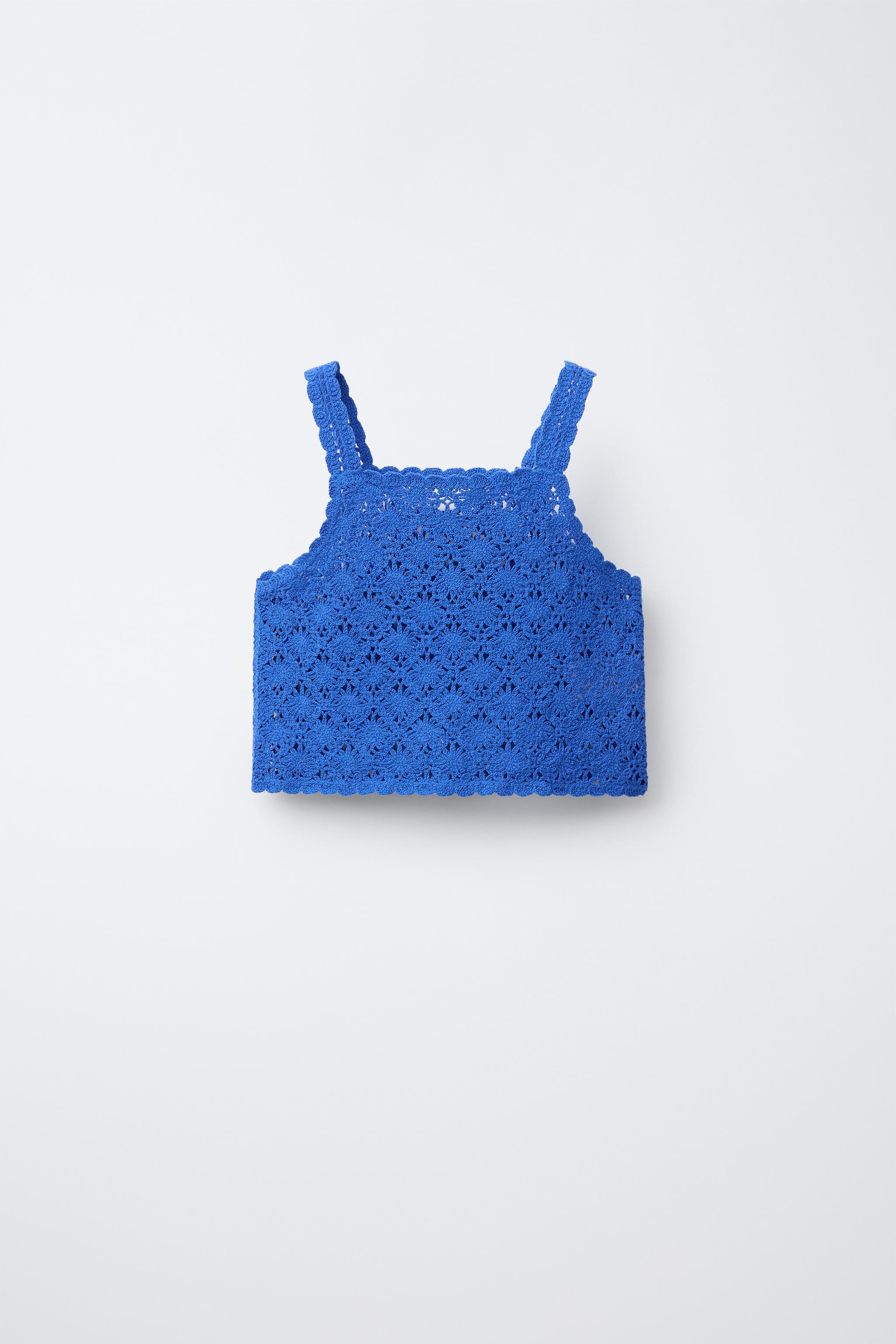 クロシェ編み クロップド丈ニットトップス - 濃青 | ZARA Japan