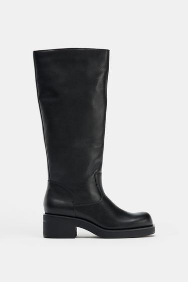 LEATHER FLAT KNEE-HIGH BOOTS - Black by Zara