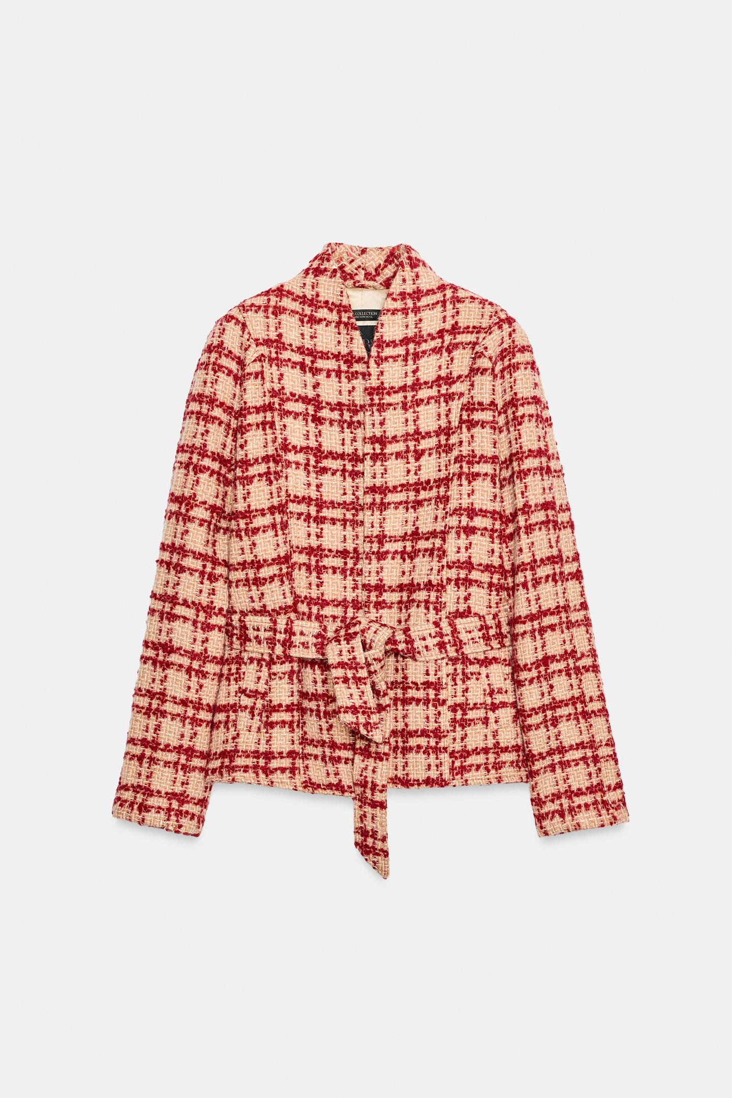 Женская куртка Zara ZW Collection Belted Wool, цвет: Красный / Белый — фото 6