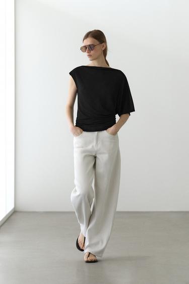 Zara Lightweight asymmetric metallic-effect T-shirt - Black - Image 0