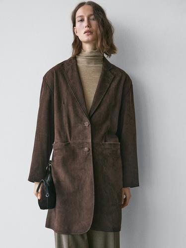 Zara Long suede leather coat - Brown