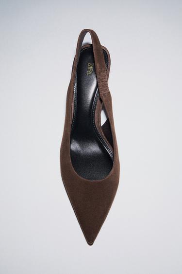 SUEDE KITTEN HEEL SLINGBACK SHOES - Chocolate Brown by Zara