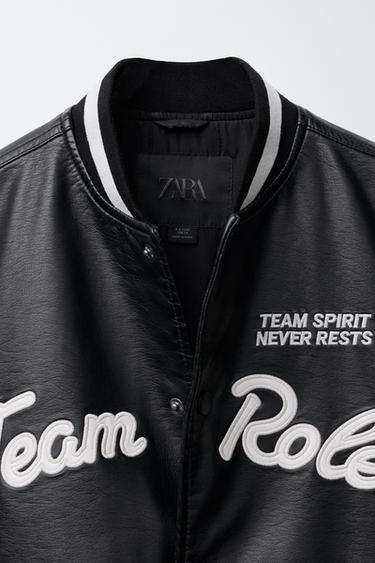 FAUX LEATHER BOMBER JACKET WITH EMBROIDERED TEXT - Black by Zara - Image 4