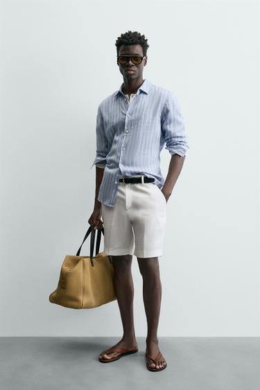 100% STRIPED LINEN SHIRT - Sky blue by Zara - Image 0