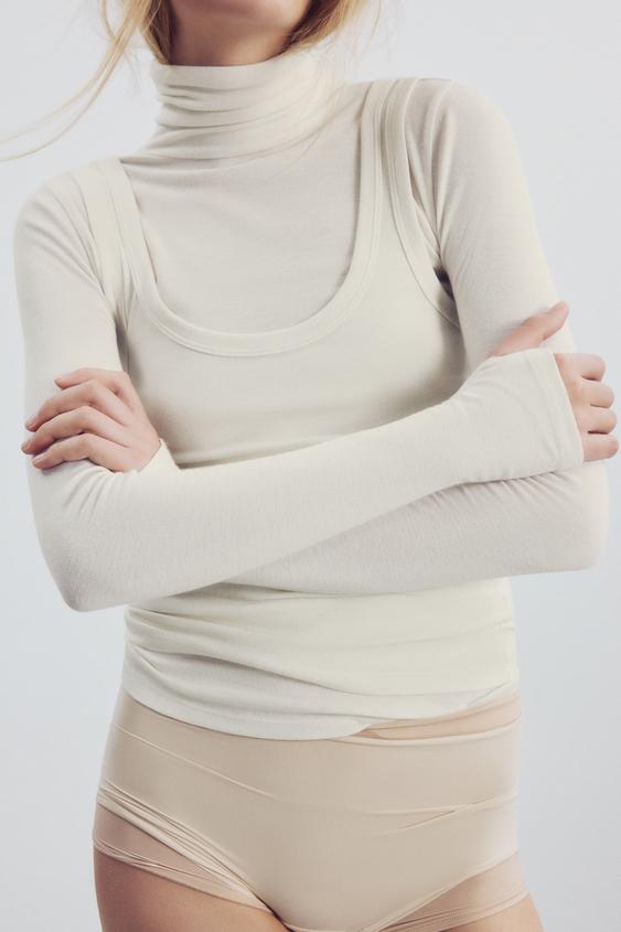 Zara DOUBLE-LAYER EFFECT T-SHIRT - Ecru - Image 0