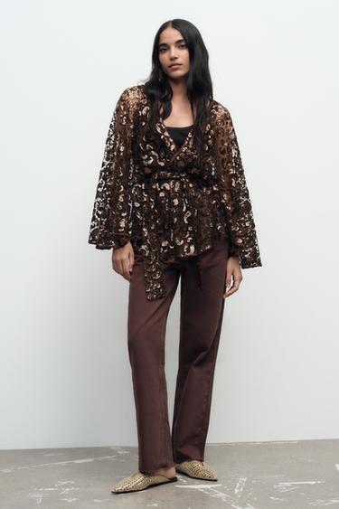 Zara SEQUIN BELT KIMONO - Brown - Image 0