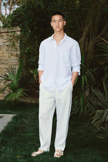 Zara 標準版亞麻/棉質襯衫 - 藍色 / 白色