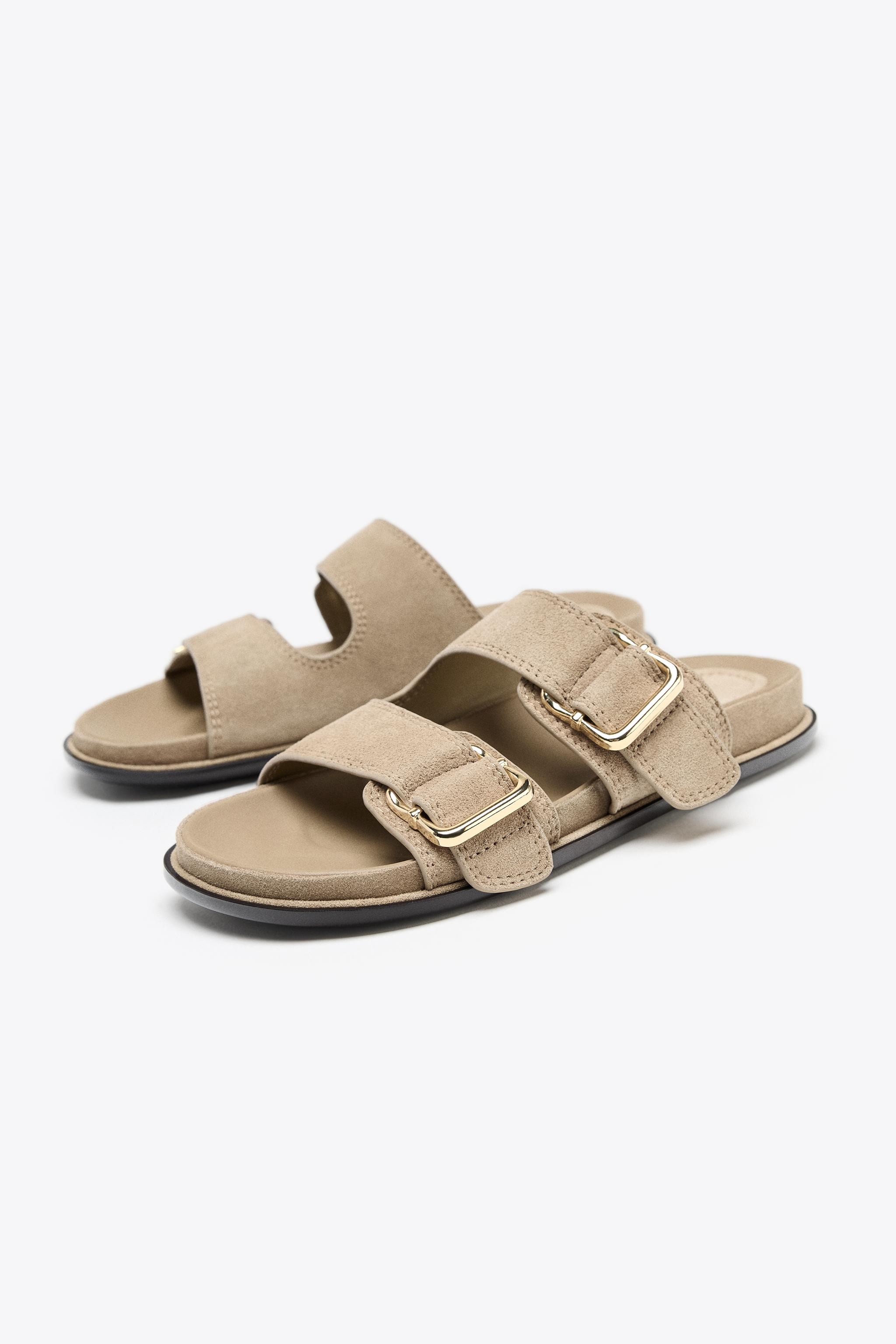 スペイン発送 ZARA スエードストリップ付きフラットサンダル スプリットスエードストラップ フラットサンダル - カーキ